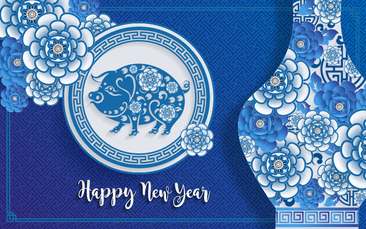 青と白の中国の磁器スタイル2019新年のグラフィックデザイン